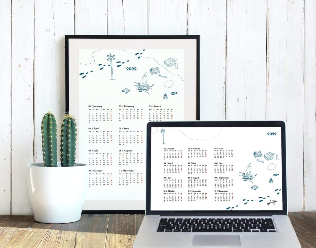Digitala kalendrar för utskrift samt för användning som datorbakgrund baserat på illustrationerna i mönstret På tur, av Lisa Kriga.