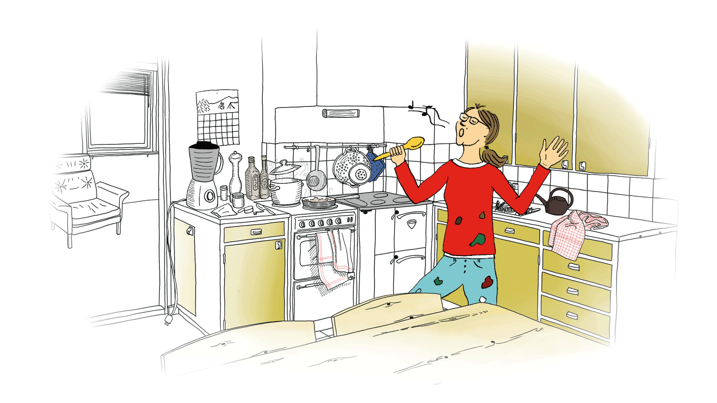 Animering av en illustration på en kvinna som står och sjunger i köket medan hon lagar mat. Av Lisa Kriga.