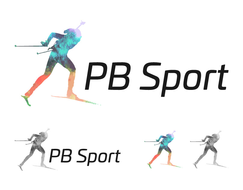 Logotyp för PB Sport i olika versioner: färg och svartvitt, samt utan text. Gjord av Lisa Kriga.