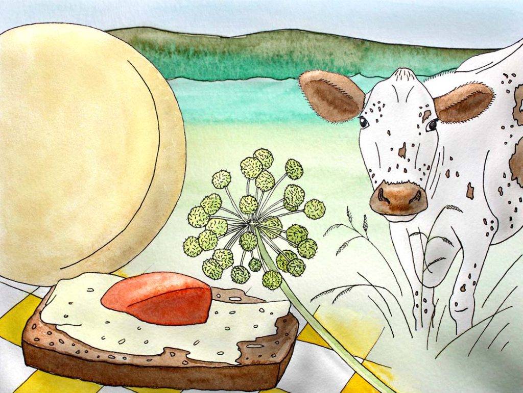 Illustration av Lisa Kriga som är till en fiktiv frukostannons. Skoluppgift på Berghs School of Communication.
